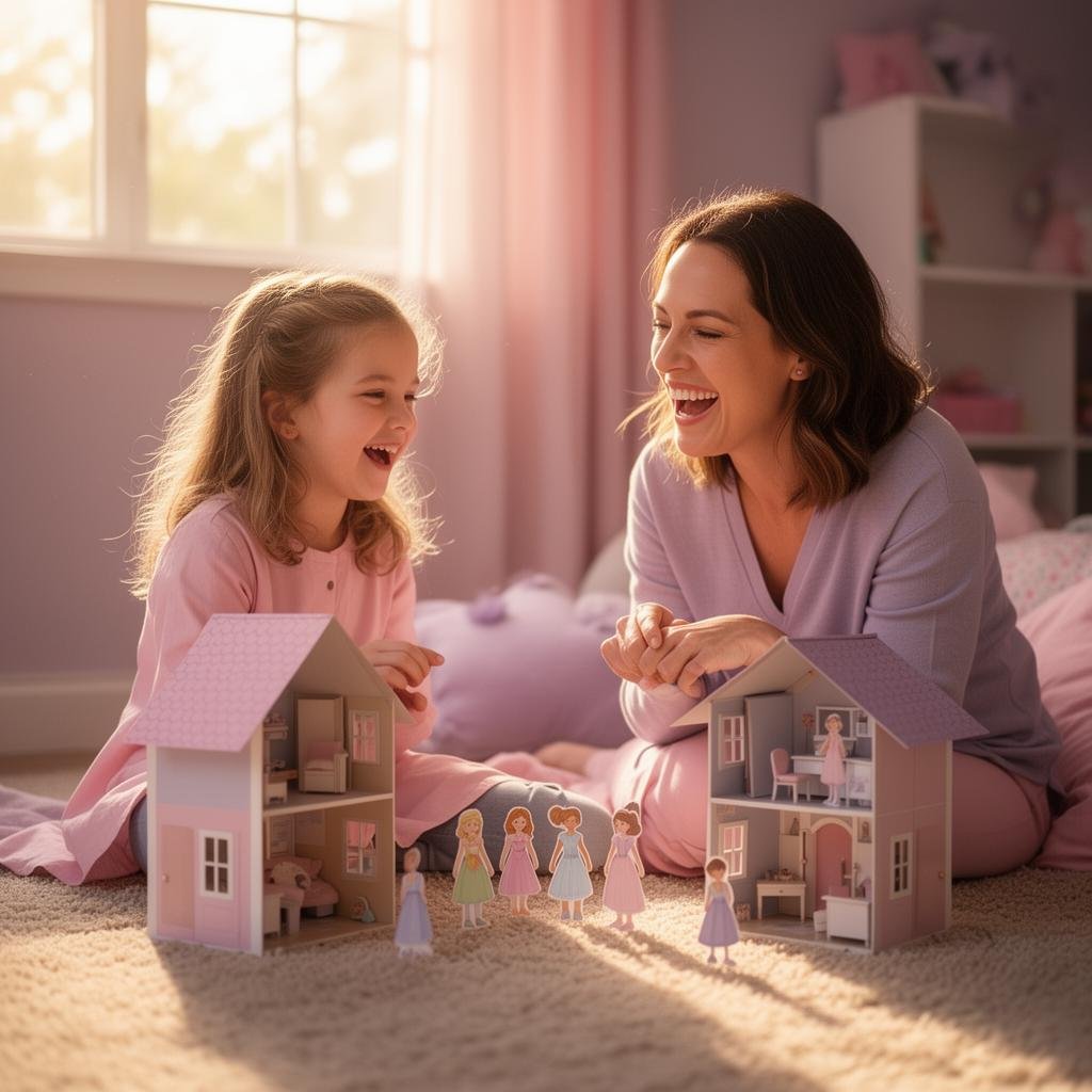 Mãe e filha brincando juntas com casinhas de papel